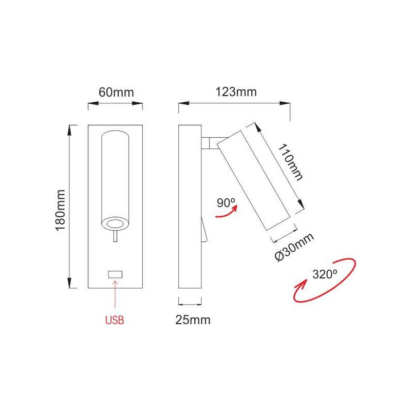 Applique LED Beneito Faure PURE 4W 2700K Noir avec USB 4143