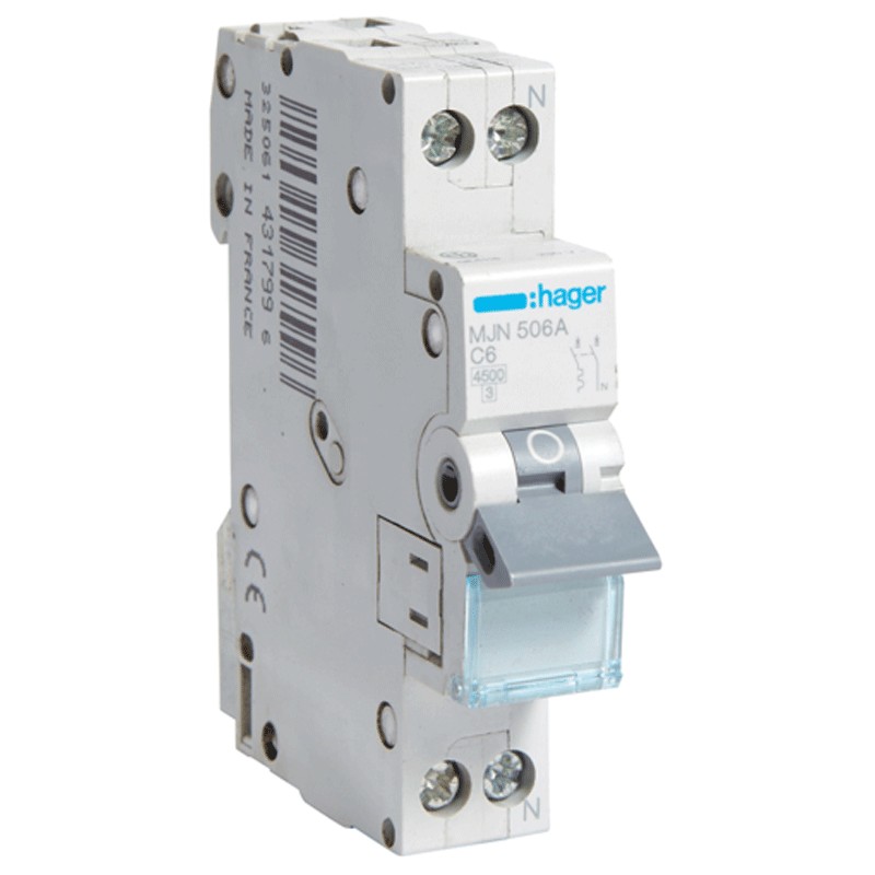 Circuit breaker Hager 1P+N 6A 4,5 KA C 1 form MJN506A