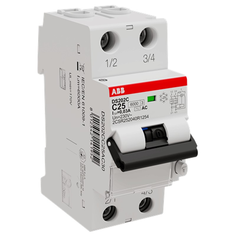 Interruptor automático de corriente ABB 2 polos 25A 30mA Tipo 6kA 2 módulos